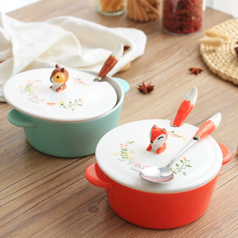 Comprar Cuenco grande de fideos instantáneos con tapa para estudiantes de dormitorio de animales de cerámica pintado chino