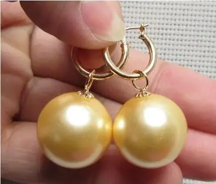

Free Shipping >> New hot 20MM HUGE PERFECT ROUND GOLDEN SOUTH SEA SHELL PEARL DANGLE EARRING