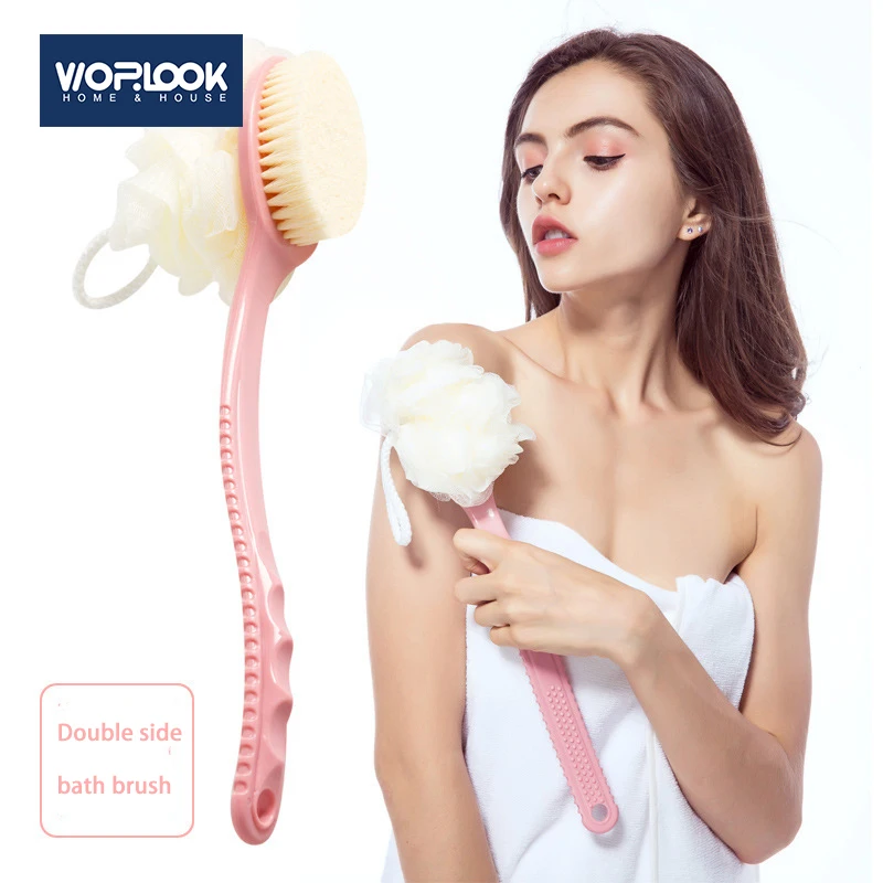 

2-in-1 Sided Natural Soft Bristles Sponge Body Brush Scrubber Long Handle Wooden Spa Shower Brush Bath Massage Brushes