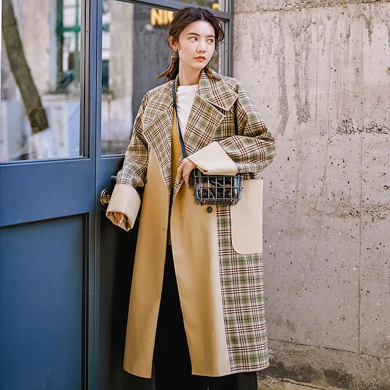 ZURICHOUSE модный бандажный тренч для женщин классическое клетчатое лоскутное пальто цвета хаки с большим отворотом весеннее длинное пальто