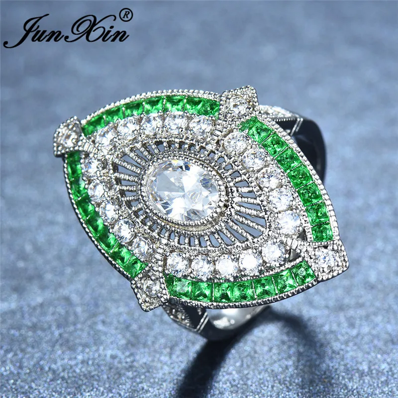 JUNXIN Antique 925 Silver Filled Big Rings For Women Men Green Stone White Zircon Wedding Bands Female Male Turkish Jewelry Gift