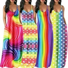 Women Sexy Spaghetti Strap Maxi Dress Holiday V Neck Print Casual Dress Loose Rainbow Striped Dress Women Sexy Spaghetti Strap Maxi Dress Holiday V Neck Print Casual Dress Loose Rainbow Striped Dress