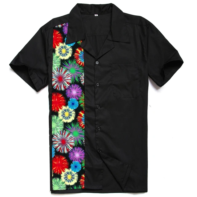 Best Offers 80s Bowling Shirt Abstract Floral Unisex Adult Clothing Pop Art Multicolour Firework Printed Shirts Cotton Button Up Blouse