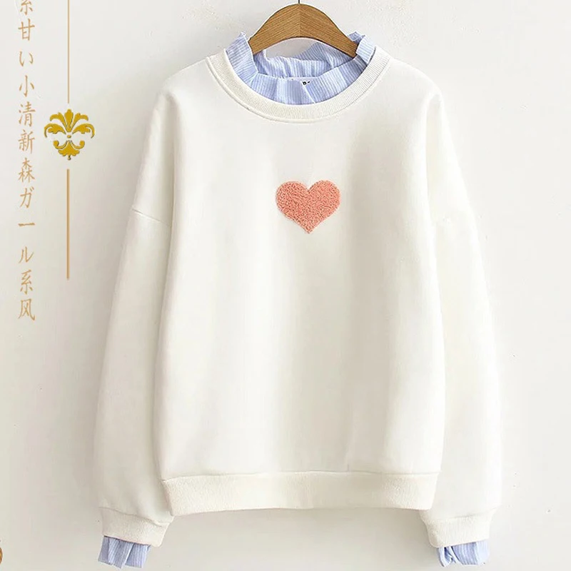 Autumn Winter New Harajuku Cute Funny Love Heart Pattern Hoodie Women's Thick Warm Velvet Fleece