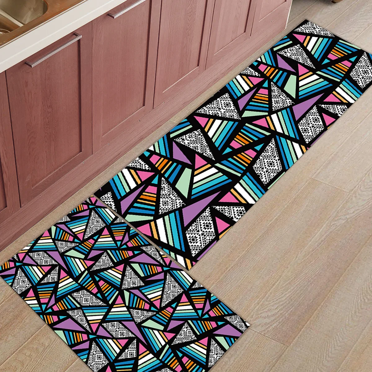 

Colorful Geometric Patterns Ethnic 2 Pieces Doormats For Entrance Way Boot Shoes Scraper Accessory Sets Area Runners
