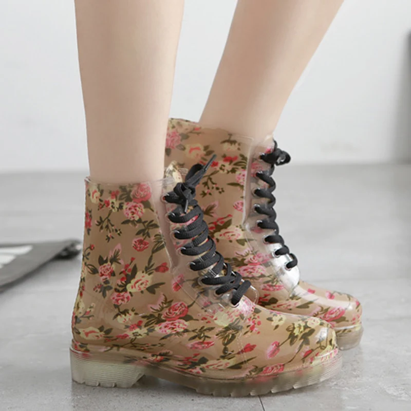 

Women Martin Boots Shoes Fashion Print Flower Autumn Winter Mid Rain Boots Non-Slip Transparent Thick Bottom Plush Rain Boots