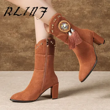 

RLINF New Cow Flip Rough with Ethnic Style Handmade Beaded Side Zipper Tube Tassel Personality Female Long Boots