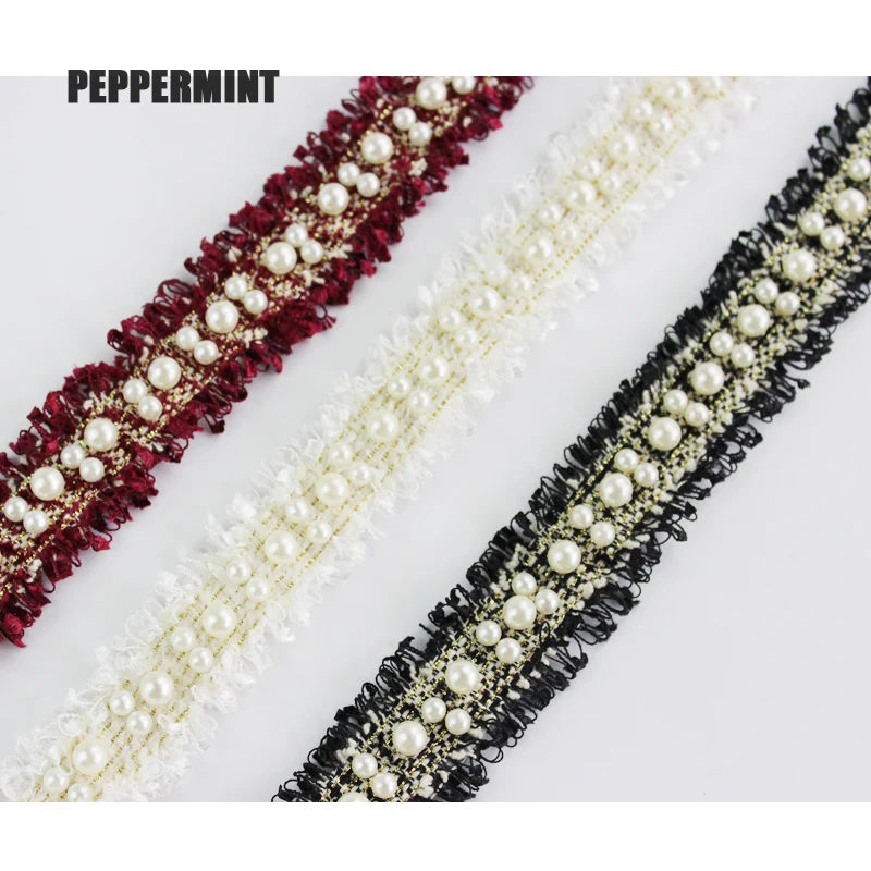 

1yard Tweed 3cm Gold Pearl Beaded Embroidered Lace Trim Ribbon Fabric Handmade DIY Costume Dress Sewing Supplies Craft