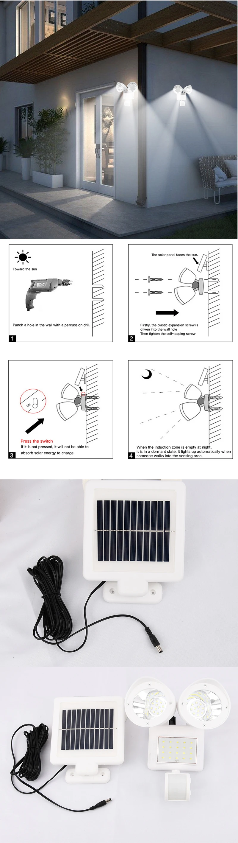 Solar Powered Motion Sensor Lights 42 LED Three Head Spotlight Spot Light Outdoor Floodlight Yard Light For Home Garden Yard(white)(16)