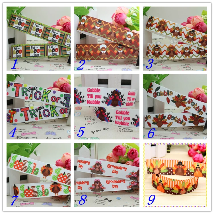

7/8'' Free shipping halloween turkey Thanksgiving printed grosgrain ribbon hairbow headwear party decoration diy OEM 22mm D273