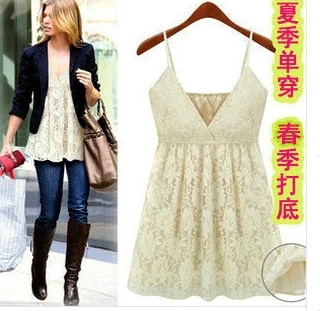 New Spring Summer 2014 Women Casual Lace Dress Super Mini Deep V Spaghetti Strap Vests Tops D026 | Женская одежда