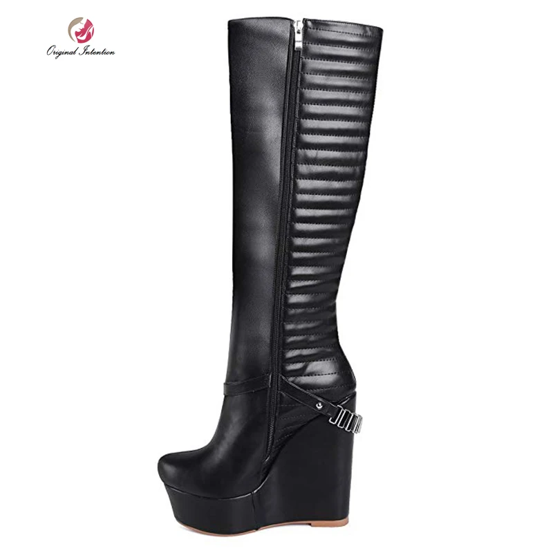 knee high black boots wedge heel