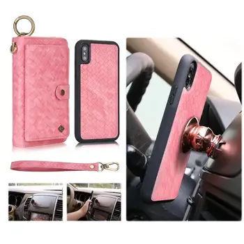 

POLA Fashion Woven Pattern Wristband Leather Holster Wallet Case For iphone XS MAX 7 8 Card Pocket Magnetic Detachable Car Ring
