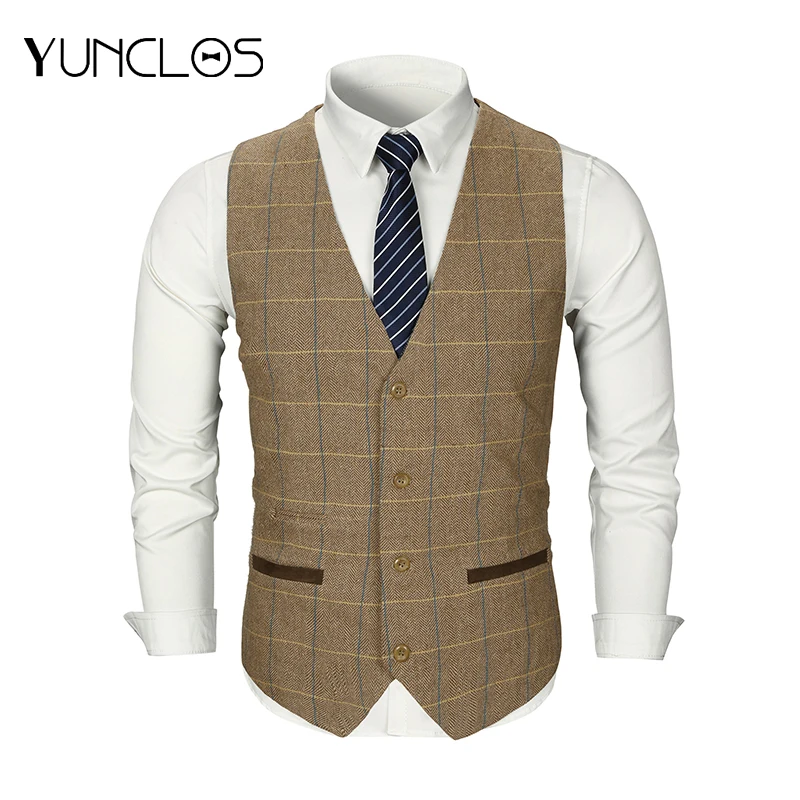 

YUNCLOS New Men Woolen Suit Vest Single Breasted Plaid Wedding Groom Slim Fit Vest Waistcoat Business Formal Vest for Men