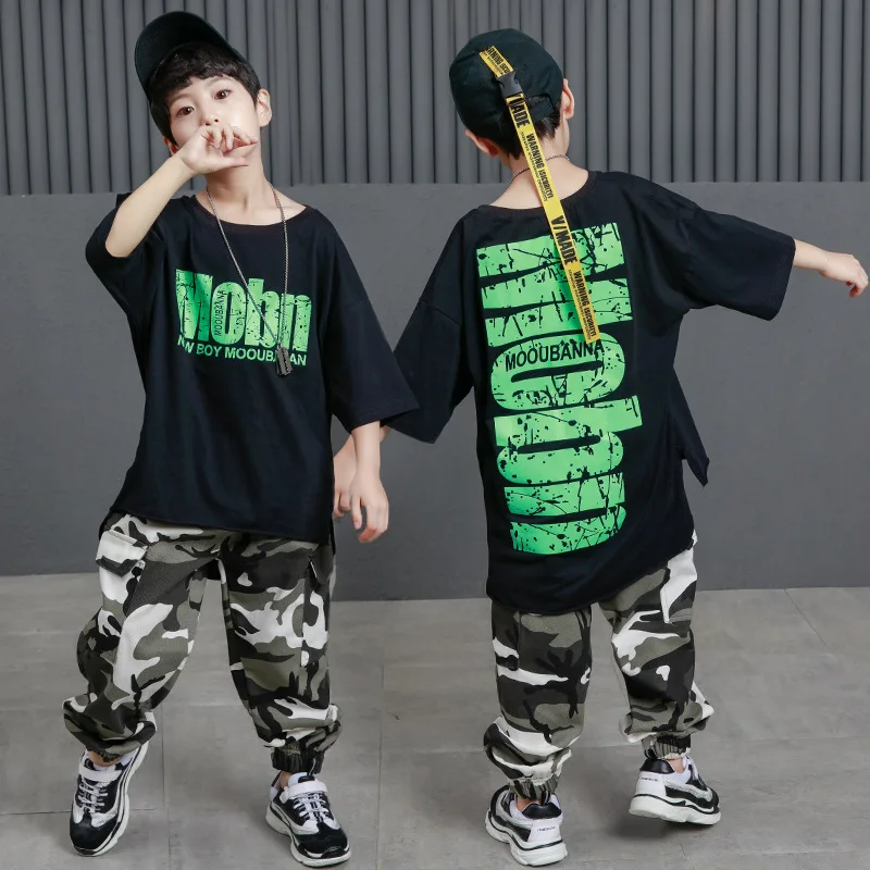 Бальные костюмы для мальчиков и девочек; Повседневная футболка; свободные камуфляжные штаны; детская Одежда для танцев в стиле хип-хоп; танцевальный костюм в стиле джаз