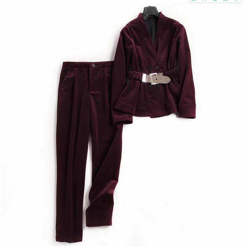 

OL temperament women's 2017 autumn and winter new high quality solid color stitching corduroy trousers set female two piece set
