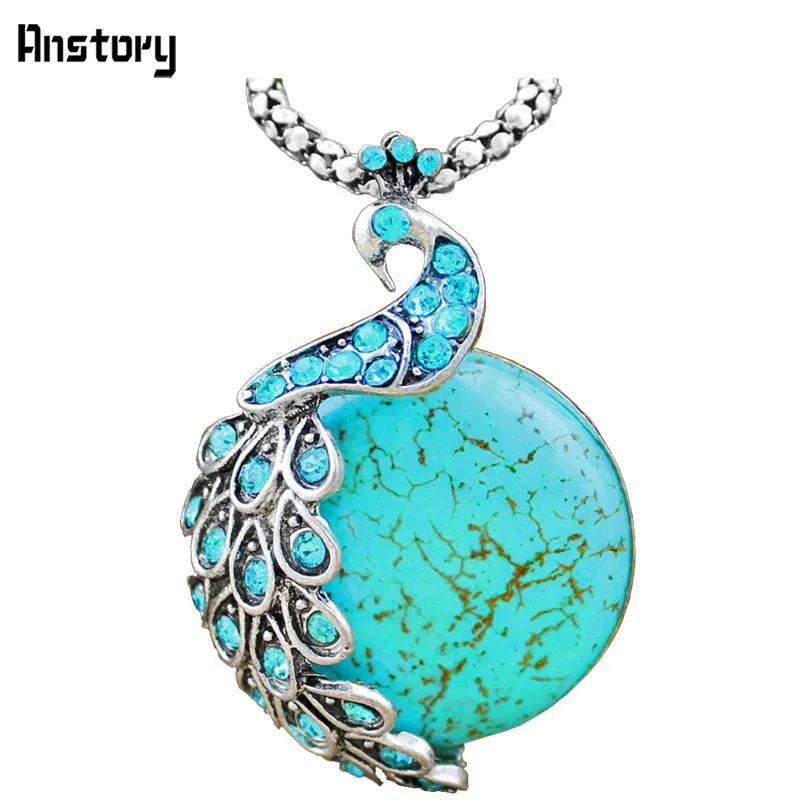 

Peacock Pendant Natural Stone Necklace For Women Vintage Antique Silver Plated Fashion Jewelry TN191