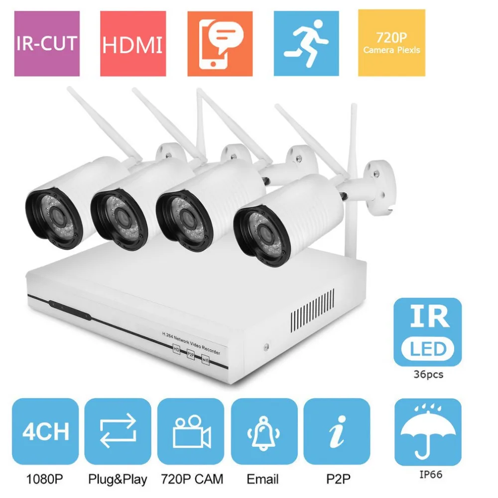 

Newest Outdoor Indoor WIFI 4CH 720P Bullet Shape 1MP IP Camera Wireless Home Security Guard System 1080P NVR Kit