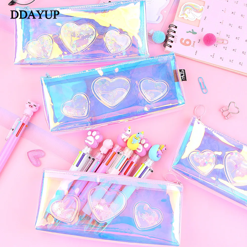 

Laser Heart Pencil Case Iridescent Laser Cute Transparent Pattern School Supplies Stationery Christmas Gift