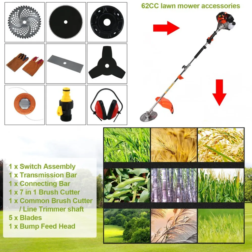 

7 In 1 62cc Brush Cutter Whipper Snipper Trimmer Brushcutter Multifunctional Telescopic Pole Chain Saw Mower Accessory