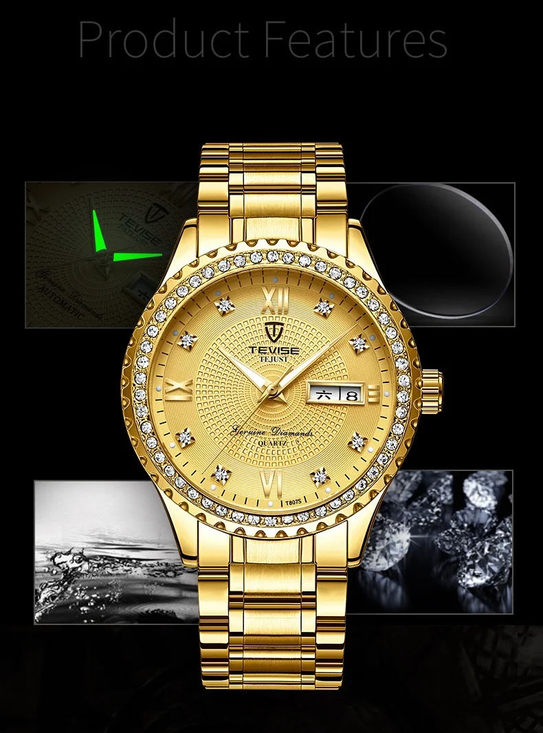 TEVISE T807S Quartz Watch Men Rhinestones Date Week Mens Watch Waterproof Luminous Business Casual horloges mannen drop shipping (1)
