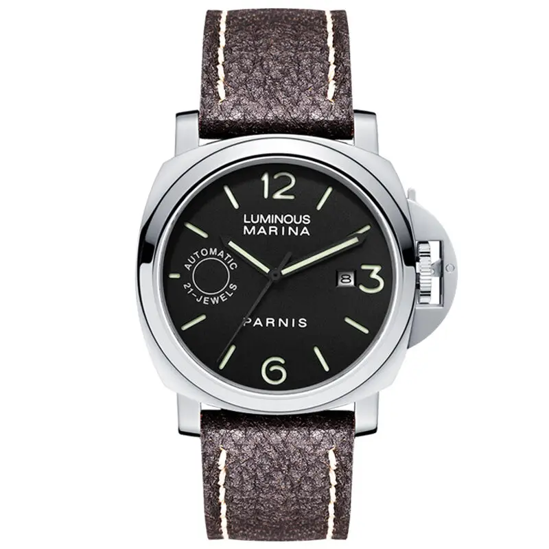 Parnis Commander IIV Seriers Luminous Mens Leather Watchband Automatic Self Wind Mechanical Watch Wristwatch
