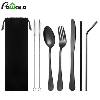 

7Pcs Camping Travel Silverware Set Stainless Steel Cutlery Fork Spoons Knife Reusable Stright Bent Straw Cleaning Brush with Bag