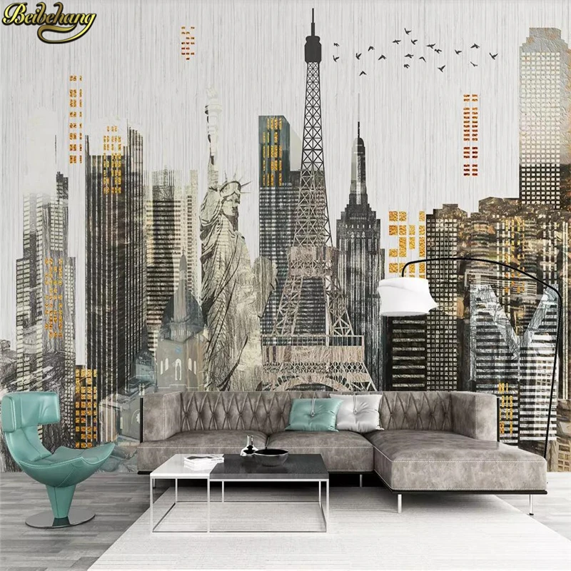 

beibehang Custom 3d wallpaper mural modern minimalist hand-painted city architecture free goddess tower line background wall