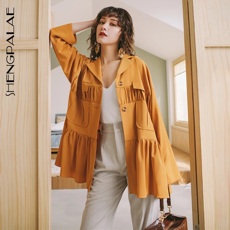 

SHENGPALAE Vintage Solid Blazer Designed For Revers Longarm Big Size Key Coat Women Fashion Clothing Spring 2020 New FN743