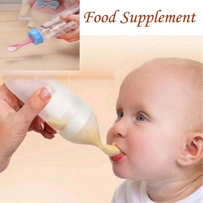 

New 90ML Lovely Safety Infant Baby Silicone Feeding With Spoon Feeder Food Rice Cereal Bottle For Best Gift