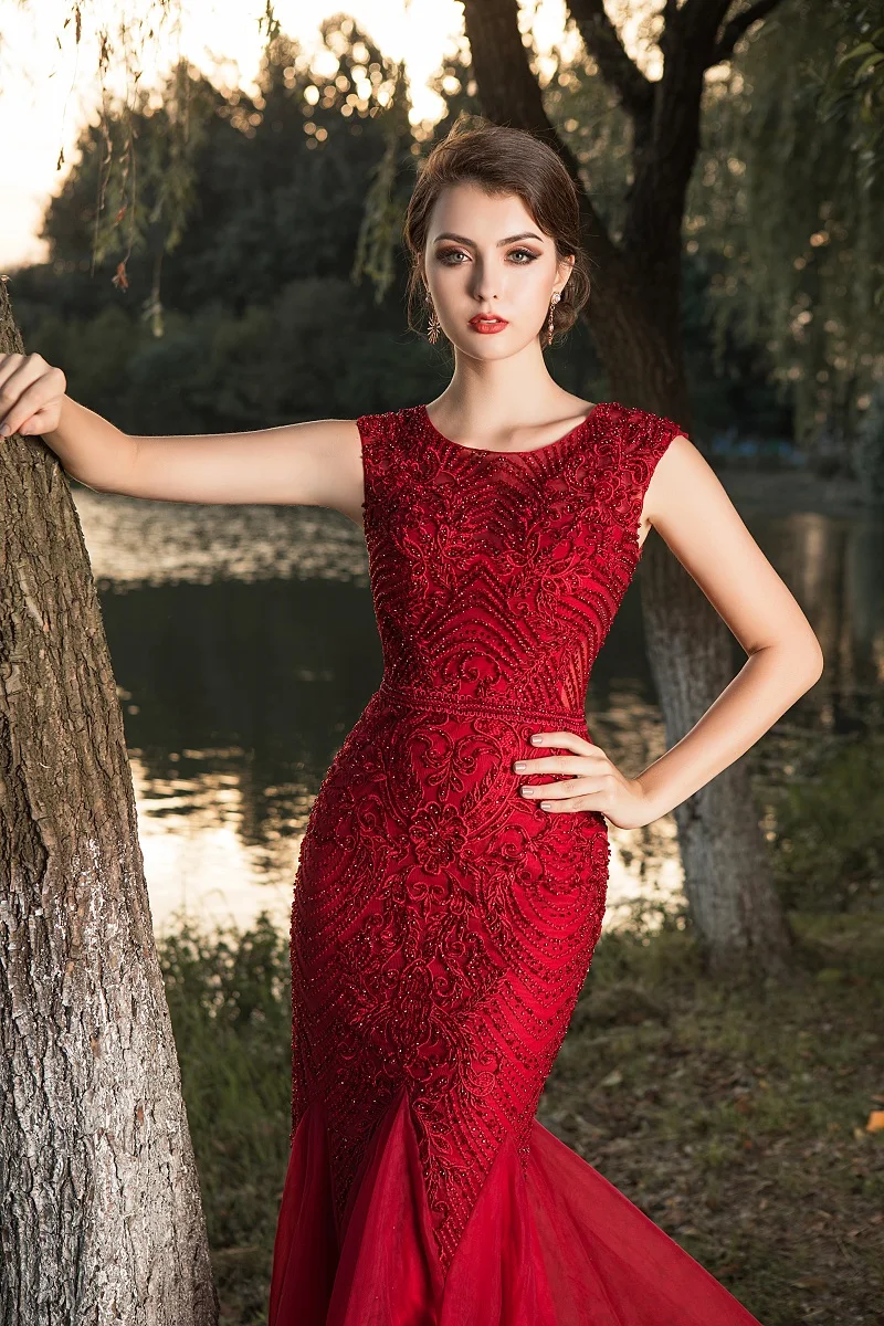 Women's Elegant Crystal Beading Long Evening Dress Model Show Close up