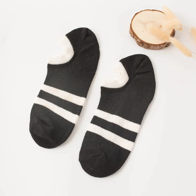 Классические мужские 2 полосатые хлопковые спортивные сетчатые Дышащие носки тапочки в стиле ретро для старшей школы, короткие носки для катания на коньках - Цвет: Черный