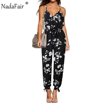 

Nadafair Summer Jumpsuit Overalls Women Belt Floral Print Beach Casual Romper Women Split Ankle-Length Pant Jumpsuit Plus Size