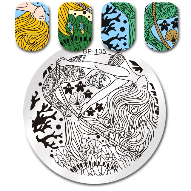 mermaid fish star round stamping template born pretty manicure nail