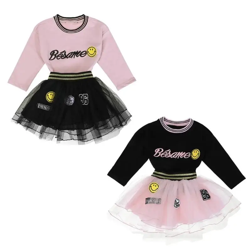 

2pcs Children Girls Outfits Autumn Smile Face Letters Sweatershirt + Skirt