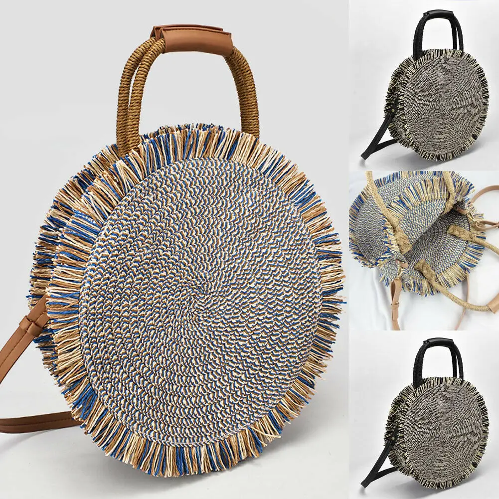 2019 mais novo saco de palha quente verão praia rattan artesanal borla sacos ombro vime tecer bolsa redonda crossbody|Bolsas de ombro| - AliExpress