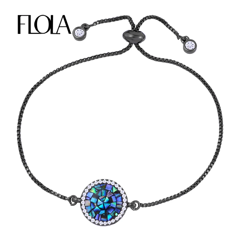 

FLOLA Trendy Round Pave AAA CZ Stone Abalone Adjust Bracelet For Woman Micro Inlay Zircon Bar Bangle New Year bileklik brta47