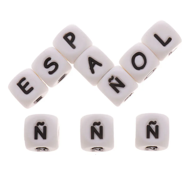 

FKISBOX 5pcs Spanish Alphabet Letter Beads 12MM Silicone Teething Beads Bpa Free Baby Teething Teether Beads For Necklaces