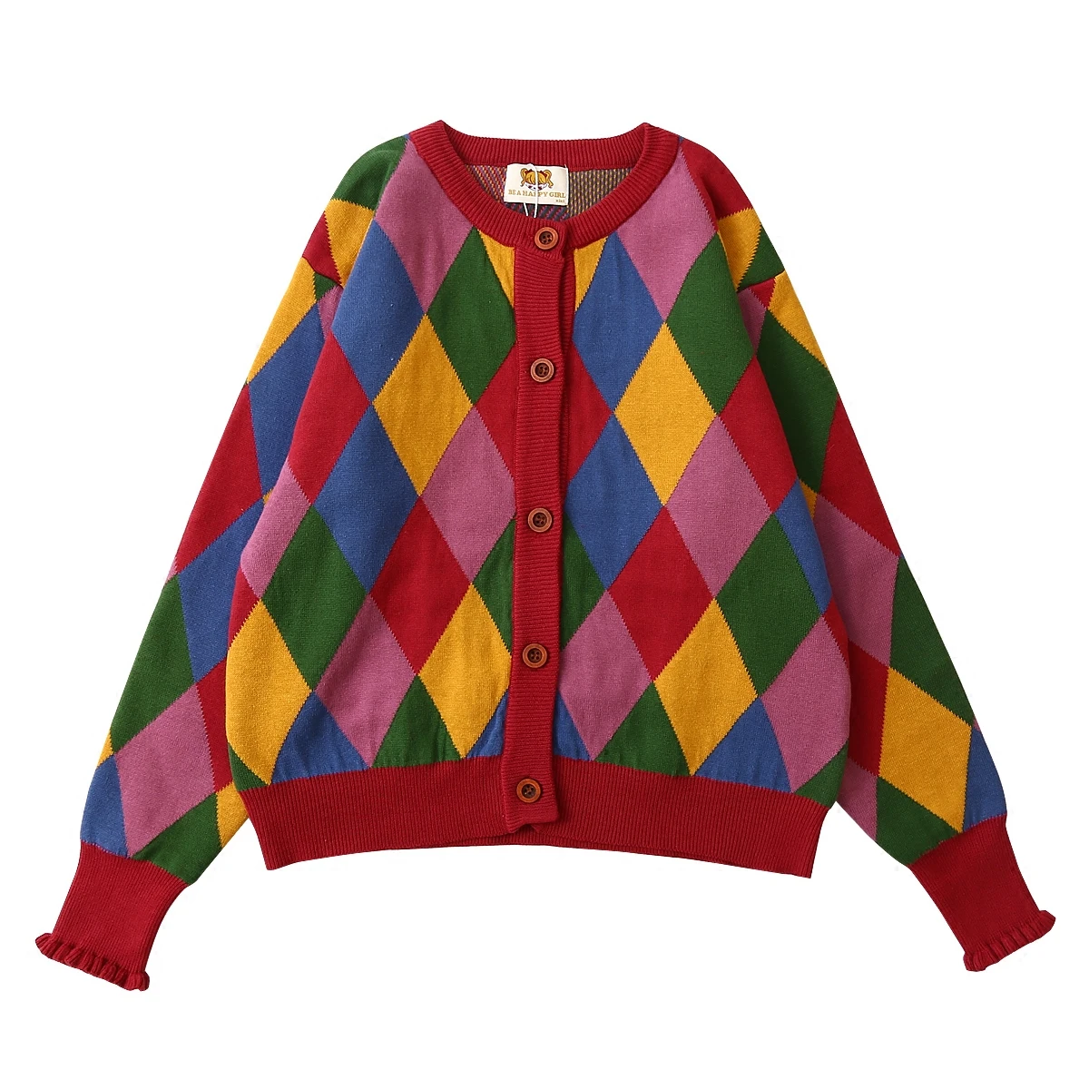 

Vintage Autumn Design Women Winter Sweater Coat Crew Collar Ladies Loose Knit Cardigan Outwear Plaid Color Block Ruffles Botton