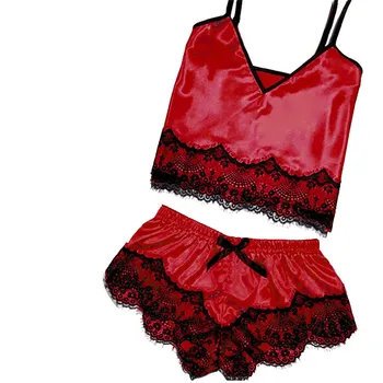 

Womens Sexy Satin Sling Sleepwear Lingerie Lace Bowknot pajamas shein sleepwear linger pizama damska D5