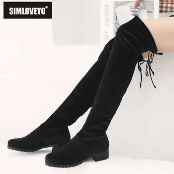 

SIMLOVEYO Over the knee boots Shoes women Flock Round toe thigh high boots Botas feminino Lace up Shoes flat boots mujer A1379