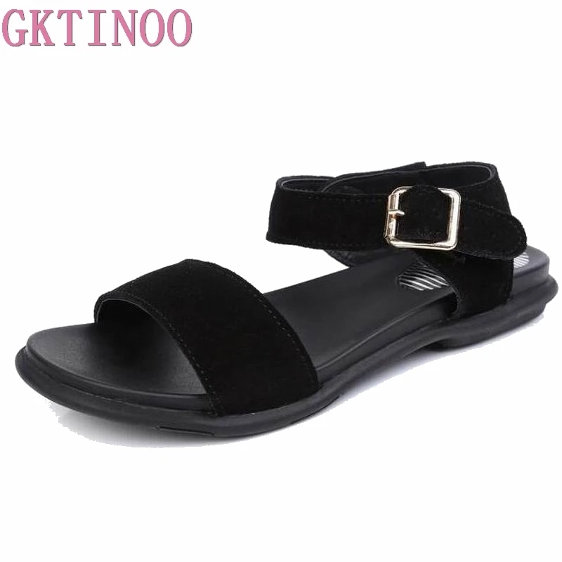 

GKTINOO Plus size 34-43 High Quality Cow Suede Nubuck Genuine Leather Women Sandals Flat Summer Ladies Beach Shoes