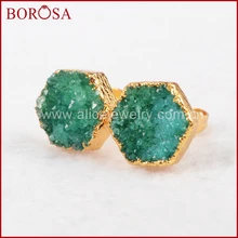 BOROSA Druzy, 1 пара, шестигранные серьги-гвоздики с натуральным кристаллом, золотой цвет, зеленые Агаты, драгоценные камни, ювелирные изделия, G0429-2