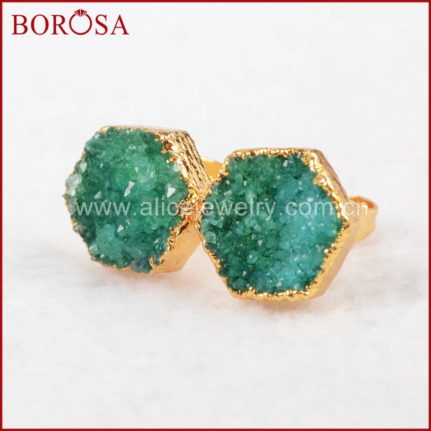 

BOROSA Druzy 1pair Hexagon Natural Crystal Stud Earrings,Gold Color Green Agates Gems Studs Jewelry Free Shipping G0429-2