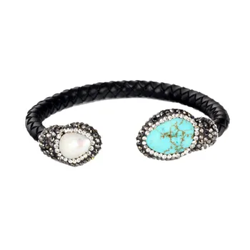 

5PCS Unique Design Wrap Leather Gems Stone Freshwater Pearl Inlay Rhinestone Double Togue Open Bangle Women Cuff