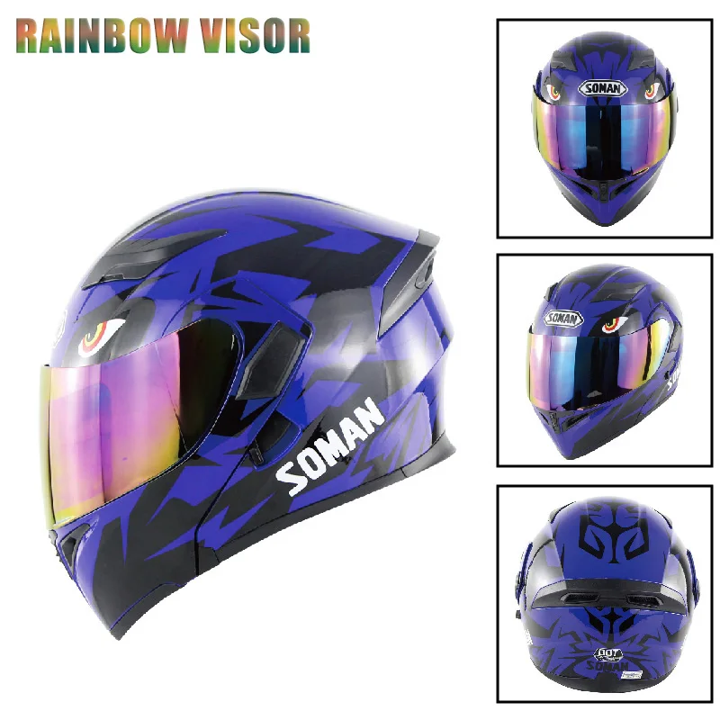Мотоциклетные шлемы с двойными линзами со сменными внешними козырьками модель K5 откидывающаяся мотоциклетная емкость Casco DOT SOMAN 955 SkyEye - Цвет: blue rainbow visor