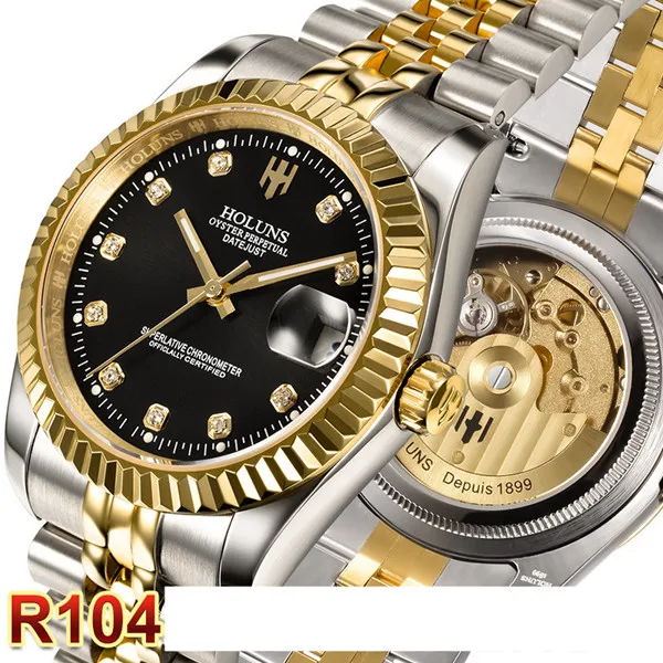 HOLUNS Роскошные брендовые классические золотые мужские полностью стальные часы автоматические механические самозаводные часы деловые дизайнерские нарядные наручные часы - Цвет: R104Transparent Back