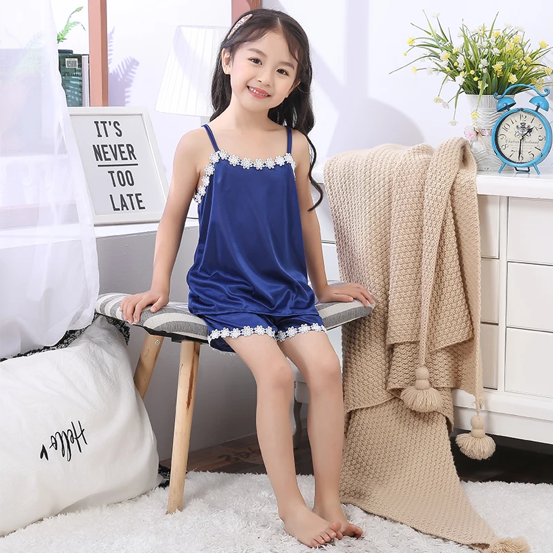 

Kids Pajamas Girl Sleeveless Lace Silk Sling Top Shorts Homewear For Girls Summer Sleepwear Children Girl 3-12Years nai582