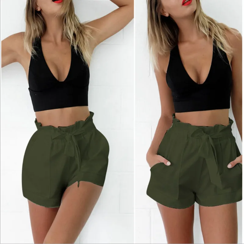 2019 Women A-Line High Waist Shorts With Sashes Stringy Selvedge Casual Ladies Summer Shorts Short Pants Women（1）
