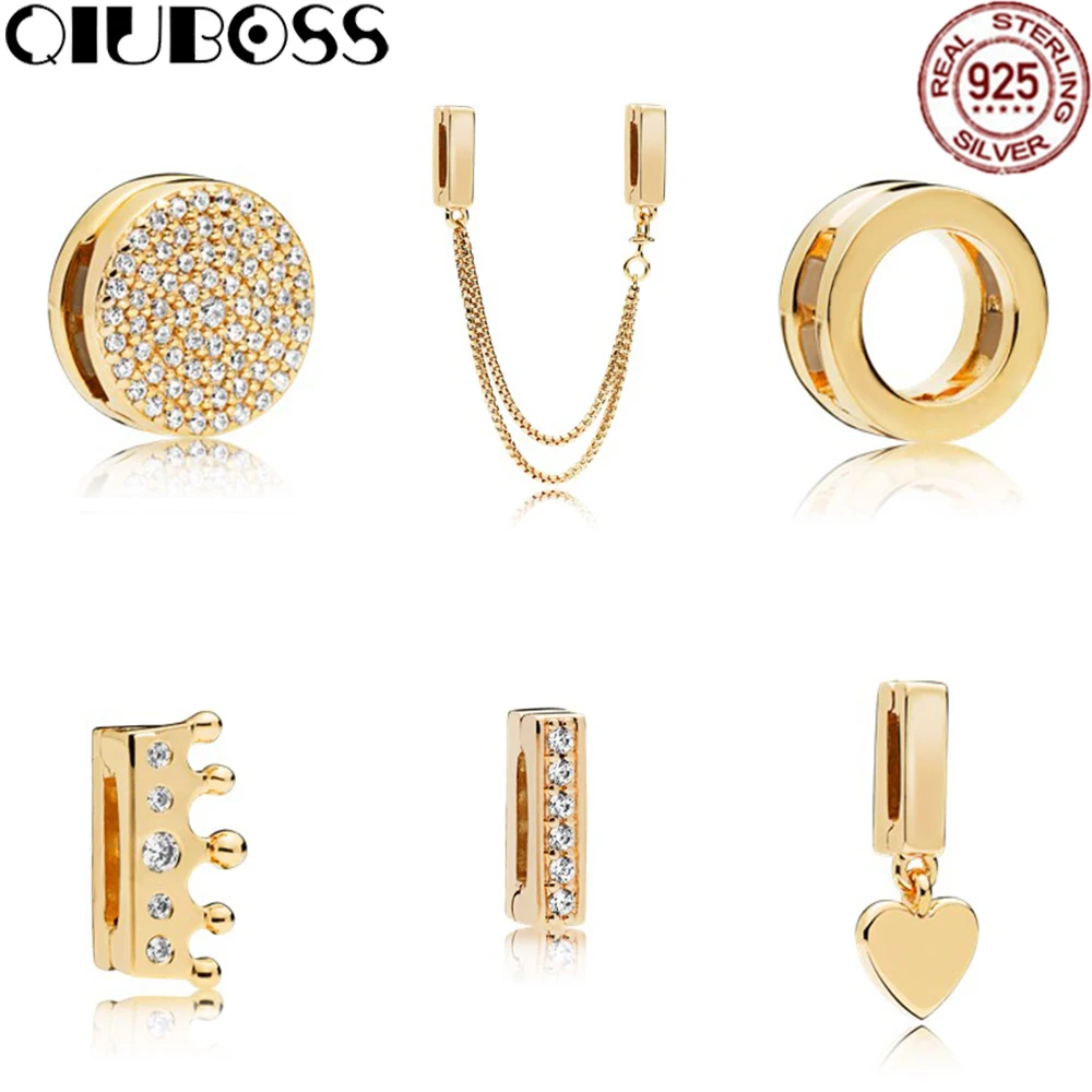 

QIUBOSS S925 Silver Reflexions clip charm in Shine with clear cubic zirconia Fit DIY Original Bracelet Jewelry Birthday Gift